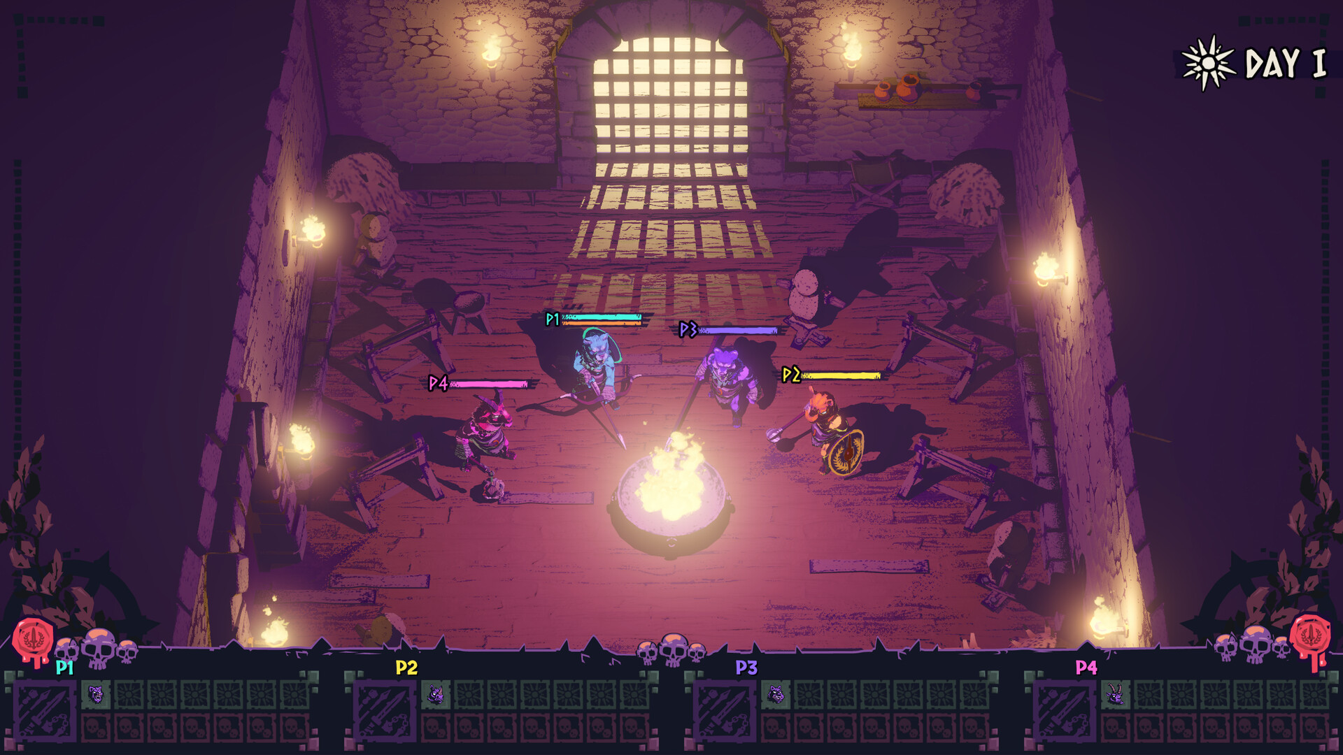 Day I preparation room with four labeled fighters, weapon racks, a central brazier, and inventory grids.